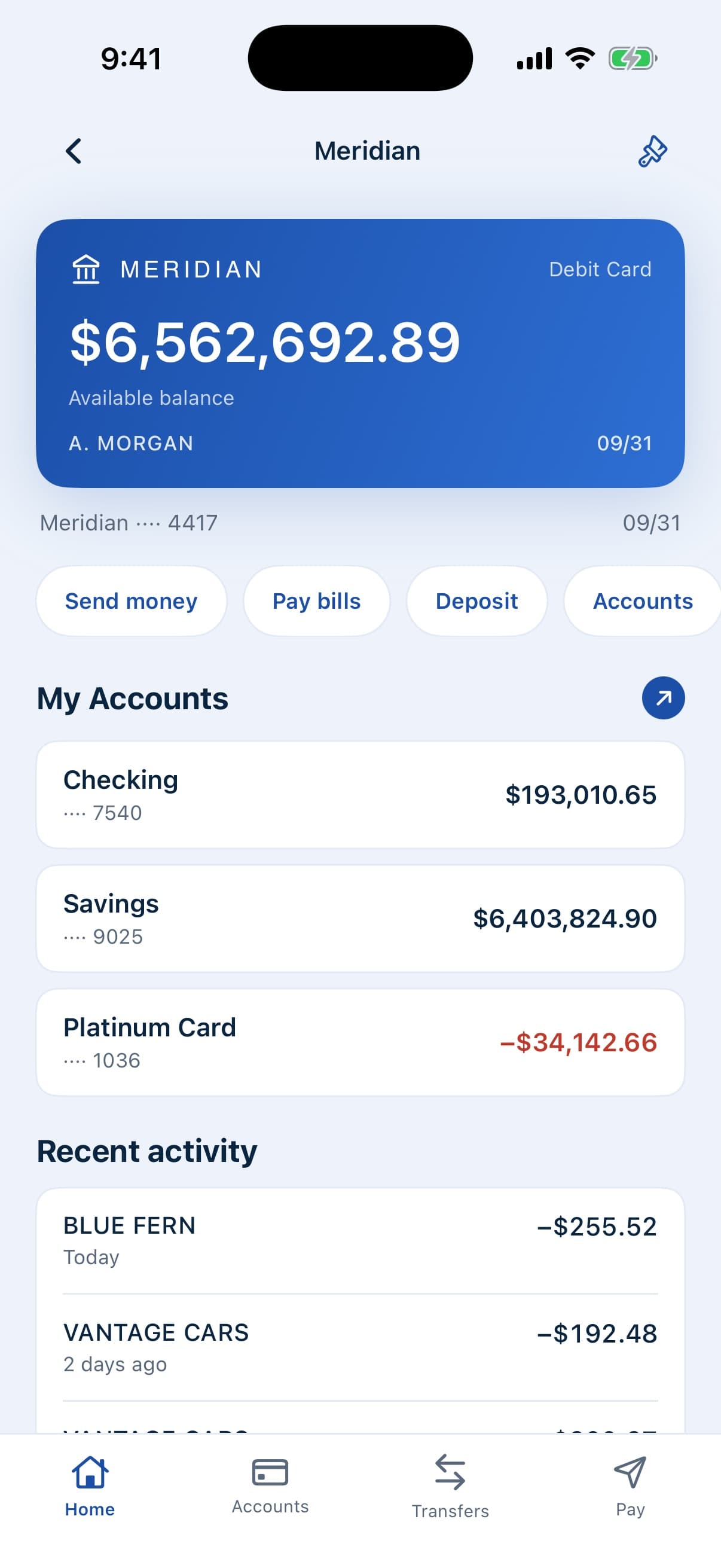 Bank module: a card and account balances