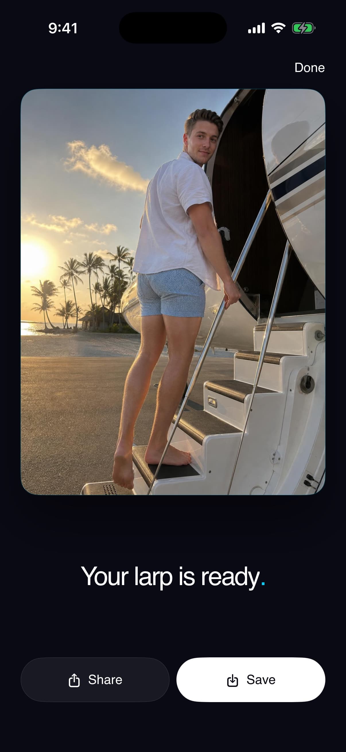 The same person boarding a private jet at sunset, AI-generated